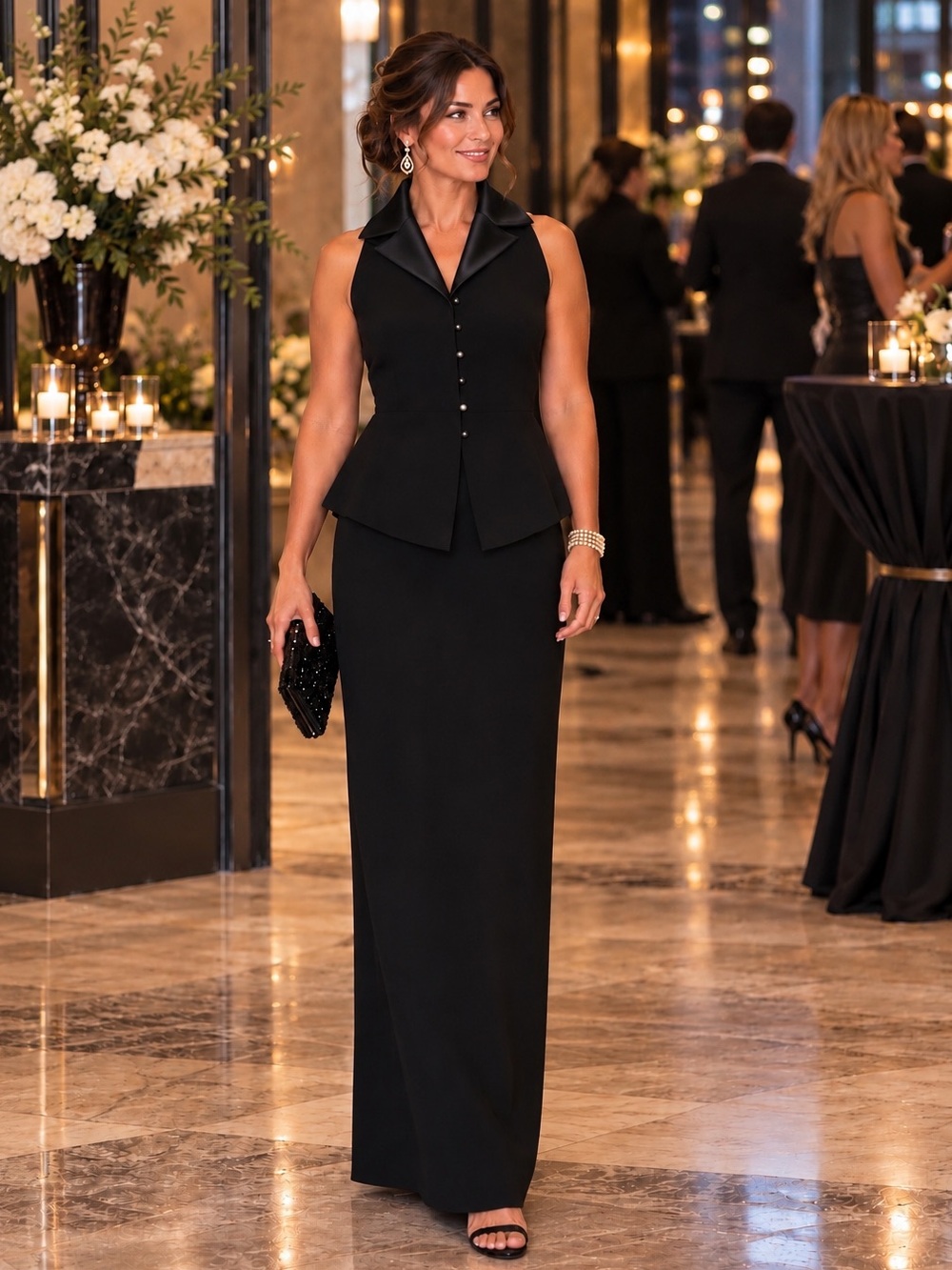 EVAN PICONE VTG Women's Black Sleeveless Tuxedo Maxi Dress with Peplum Waist 12